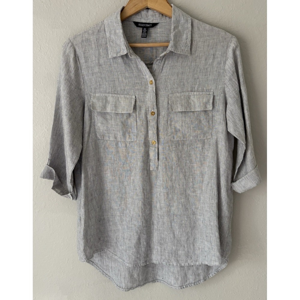 Ellen Tracy Womens Linen Striped Popover Blouse Top Minimal Coastal Chic Safari